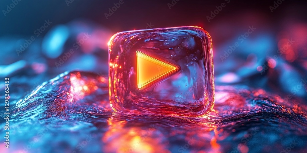 Poster play button ice cube on rippled surface with color gradient background