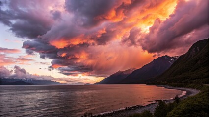 Fiery Sunset over Coastal Mountains Landscape Photography, Dramatic Cloudscape, Golden Hour, Wide Composition Landscape photography, Seascape