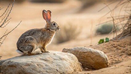 Fototapeta premium Desert Rabbit on Rock Golden Hour Wildlife Photography, Composition, Profile View Desert Hare, Wildlife Photography