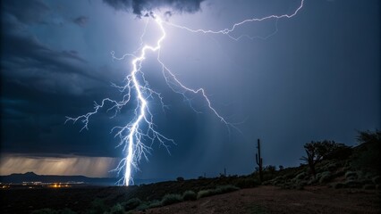 Desert Nightscape Dramatic Lightning Strike Composition, Arizona Landscape, Night Photography, Storm Clouds. Lightning, Nightscape