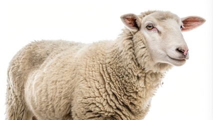 Fototapeta premium Close-up Profile of a Sheep Textured Wool, White Background, Animal Portrait, Sheep Photography Sheep, Livestock