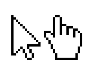 Pixel cursor pointers. Set of 8 bit computer mouse cursor pointers, arrow, hand.