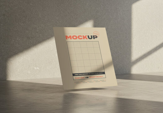 Elegant Floating Vertical Page Mockup on Concrete Floor with Subtle Light