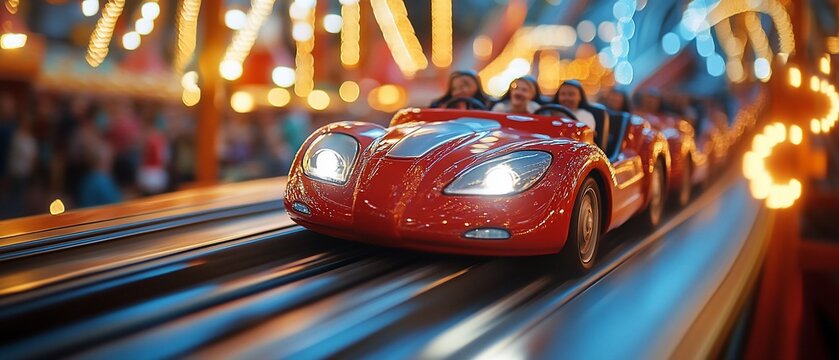 Red car train speeds along track with people in an illuminated amusement park