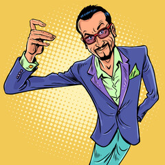 Pop Art Retro Businessman presenting his products. Demonstration gesture. Important fashionable man in glasses and suit.