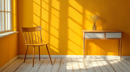Sunny room, chair, console table, yellow wall