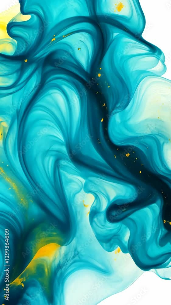 Poster fluid abstract composition showcasing swirling blue and gold patterns on a white background