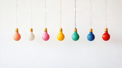   A row of colorful light bulbs hangs from a white line on a white background