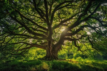 A large, ancient tree with gnarled branches reaching towards the sun in a vibrant forest, A majestic tree with twisting branches reaching towards the sky