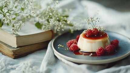   A plate holds a dessert topped with raspberries, beside a book and bouquet of baby's breath