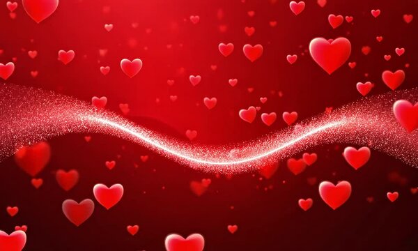 Vibrant romantic red heart background with glowing wavy particle light effect, concept for Valentine's Day celebration, wedding invitation and anniversary greeting