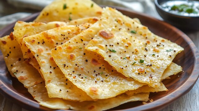 Crispy flatbread seasoned cumin and carom seeds served with curries for a hearty meal