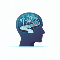 Abstract conceptual silhouette of a human head with a winding road inside surreal artistic representation of thoughts