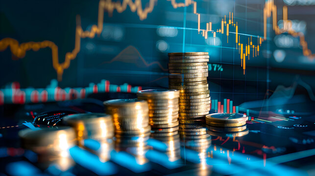 Gold coins stacked high against financial charts showing growth and investment success,