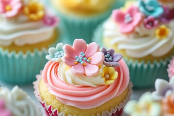 Macro Shot of Exquisite Floral Cupcakes with Pastel Frosting and Delicate Decorations