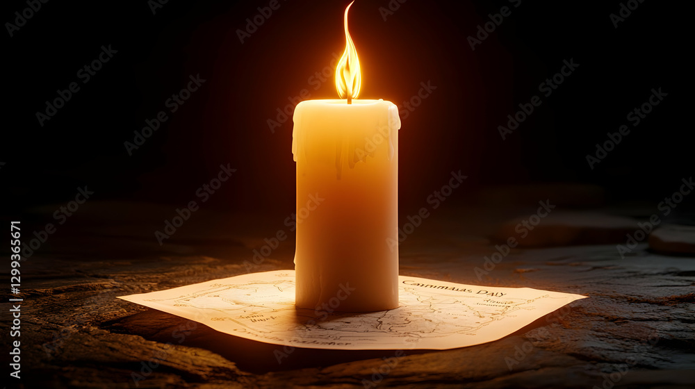Poster illuminated candle on old map with warm glow in dark setting