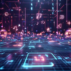 Fototapeta premium Dazzling Digital Landscape with Glowing Neon Lights and Futuristic Matrix Elements