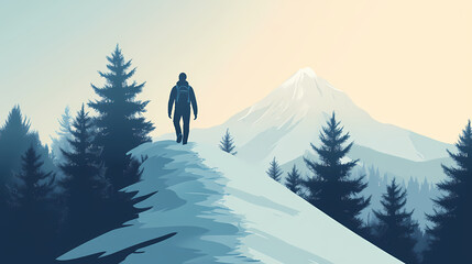 Lone man hikes up a snowy mountain trail, facing away, highlighting solitude and perseverance in a winter landscape. Solitude - Forest. Illustration