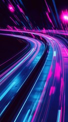 Futuristic neon cityscape with pink and blue light trails on urban highway
