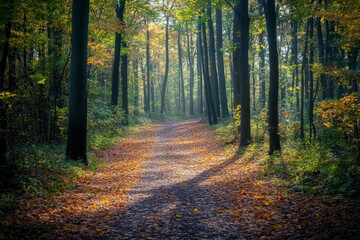 Obraz premium Autumn forest path with fallen leaves and sunlight creating shadows