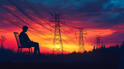 Person sitting on chair, silhouetted against colorful sunset with power lines in background, evokes sense of solitude and reflection. Solitude - Forest. Illustration