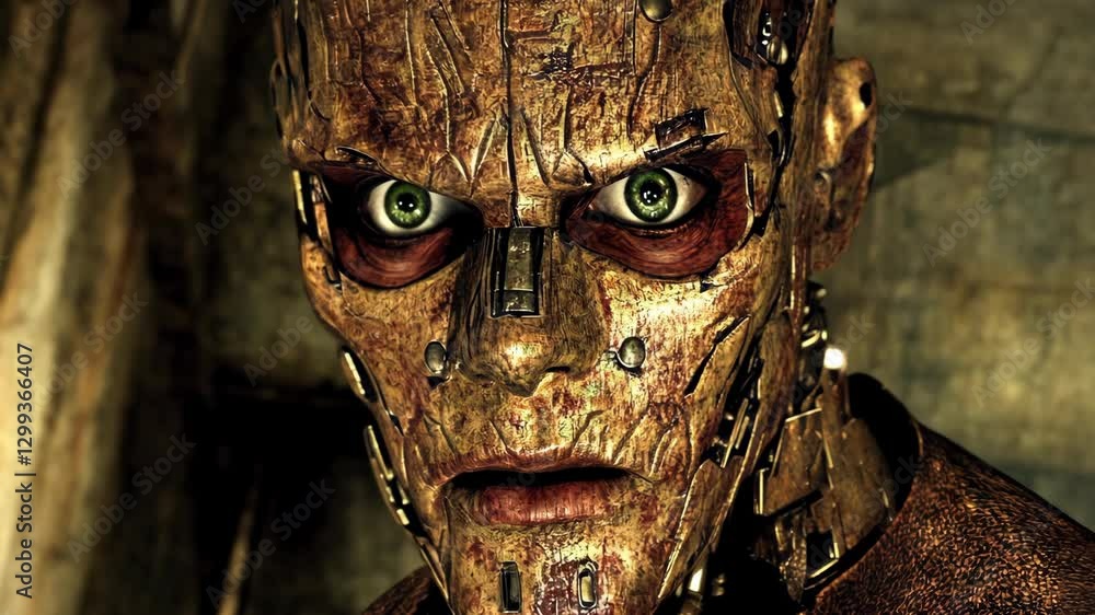 Poster mysterious robotic figure with intricate details in a dimly lit environment during a futuristic scen