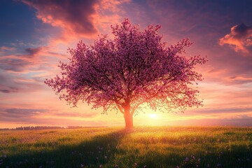 Fototapeta premium Blossom Tree in Meadow at Sunset, Spring Season Beauty, Vibrant Pink Flowers, Golden Hour Light, Idyllic Landscape, Rural Scenery