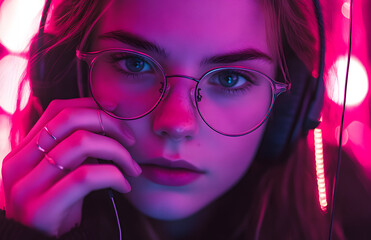 Portrait d'une jolie femme à la mode avec des écouteurs écoutant de la musique sur fond de néon rose au studio.