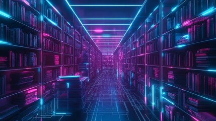 Futuristic neon library with digital grid and illuminated shelves