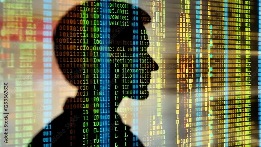 Aufkleber silhouette of a person with digital code overlay in a modern technology setting during the evening