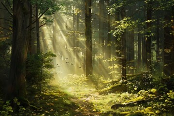 Fototapeta premium A sunny morning in a lush forest with sunlight streaming through the trees and birds flying overhead, Light reflects off the wood, adding a radiant glow to the scene