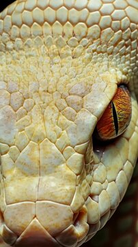 Close-up of a striking albino python showcasing intricate scale patterns and amber eyes in natural light