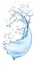 Perfect arc of fresh blue water splashing with glossy transparency and dynamic wave shape. High-speed photography effect on a white background.