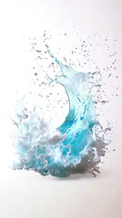 Mesmerizing wave of light blue water captured in motion with floating droplets and silky transparency. Crisp lighting and ultra-realistic liquid physics on a white backdrop.