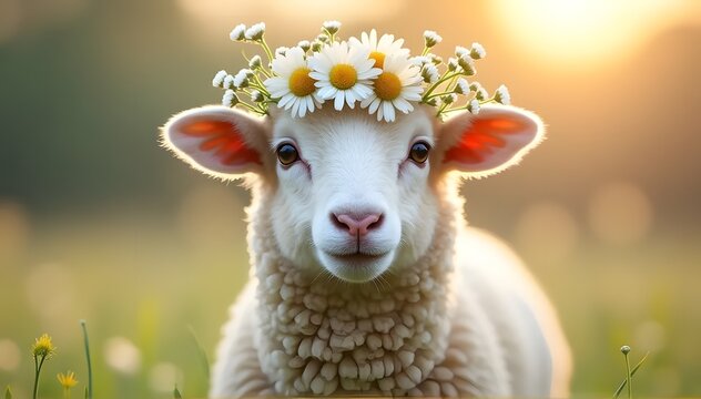 Schafe mit einer Krone aus G&auml;nsebl&uuml;mchen. KI