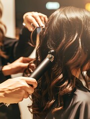 Fototapeta premium Curly Haired Woman Getting Hairstyle Treatment at Beauty Salon