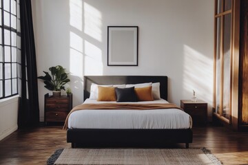 Modern bedroom interior with natural light. Use for home decor
