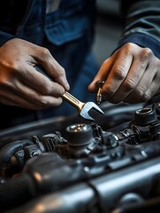 Auto mechanic repairing car engine with tools in garage workshop
