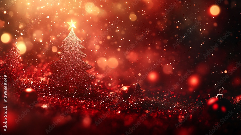 Poster sparkling red christmas tree scene with bokeh lights for card background