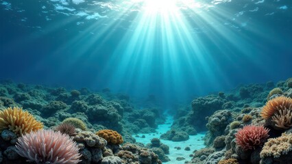 Obraz premium Split view of a coral reef affected by bleaching under a bright sunlit sky 