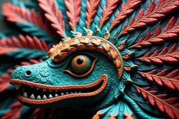 Fototapeta premium Intricately carved Mayan feather headdress ornament texture, spiritual, sacred, ornament