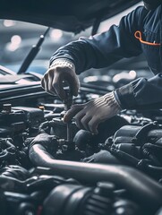 Skilled Mechanic Repairing Car Engine with Tools in Auto Repair Workshop