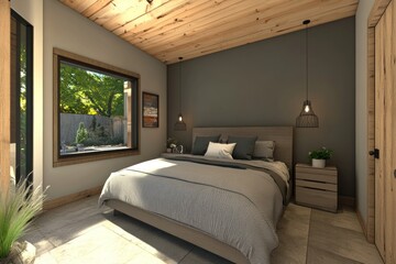 Modern bedroom interior with patio view