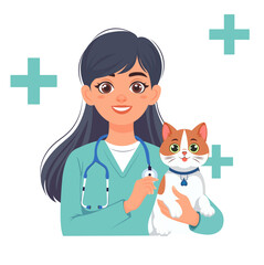 Veterinary clinic worker, veterinarian with stethoscope and cat. World Veterinary Day. Isolated vector illustration in flat style for flyer, banner, landing page, blog of veterinary clinic, hospital