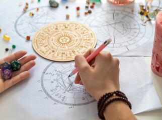Woman astrologer draws a natal chart. Selective focus