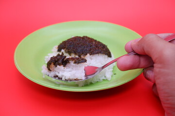 Rice with Dried Seaweed Topping on a Green Plate, Isolated on Red Background