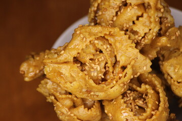 A close-up of sweet moroccan cookie known as Chebakia
