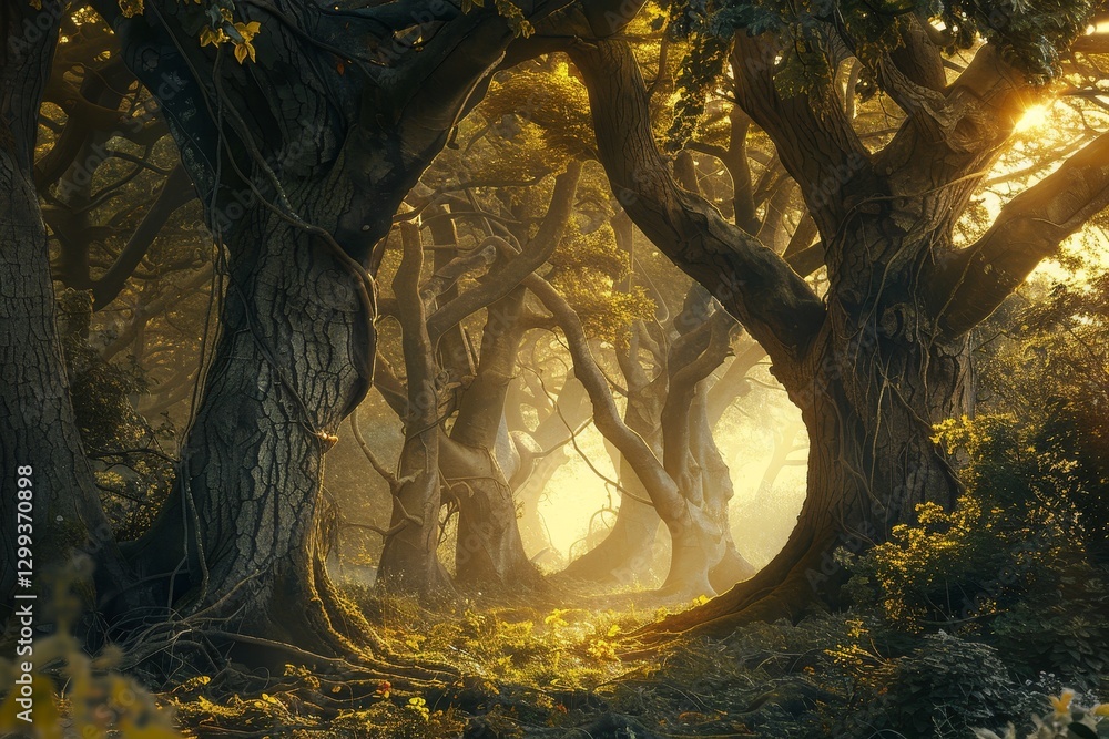 Poster sunlight streams through the branches of ancient trees in a hidden grove, creating a magical atmosph