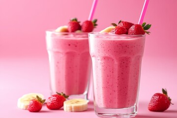 A colorful strawberry-banana smoothie in a transparent glass, set in the center of a pastel pink background, with a paper straw adding a cheerful touch