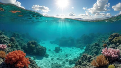 Fototapeta premium Split view of a coral reef affected by bleaching under a bright sunlit sky 